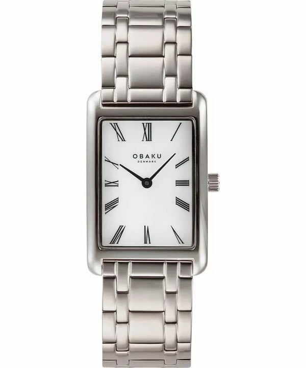Obaku Slim V311LXCWSC quartz ladies watch with rectangular stainless steel case, white Roman numeral dial, and three-link steel bracelet