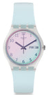 Swatch ULTRACIEL GE713 watch with pink-to-blue gradient dial and silicone strap