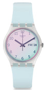 Swatch ULTRACIEL GE713 watch with pink-to-blue gradient dial and silicone strap