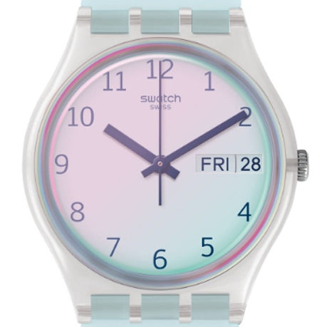 Swatch ULTRACIEL GE713 watch with pink-to-blue gradient dial and silicone strap