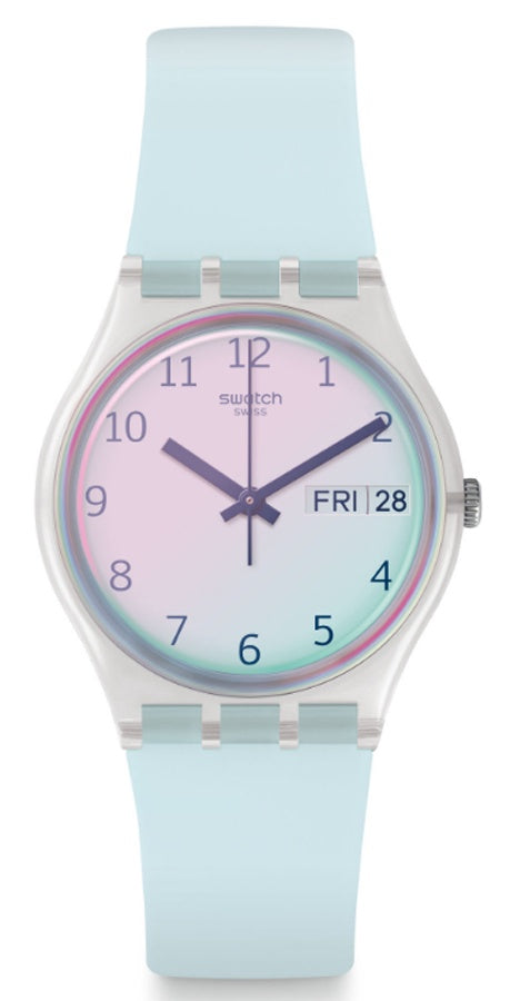 Swatch ULTRACIEL GE713 watch with pink-to-blue gradient dial and silicone strap