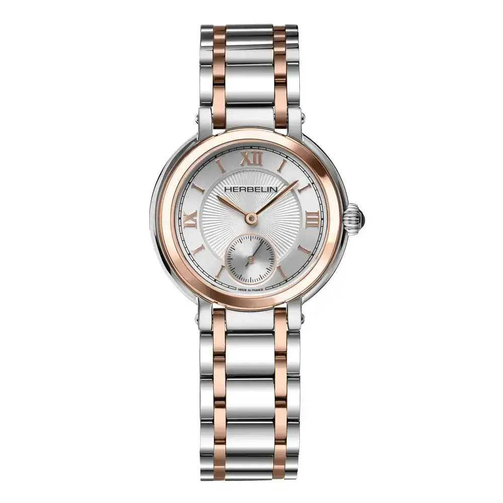 Michel Herbelin Galet 10630BTR28 two-tone rose gold PVD ladies watch with silver guilloché dial and stainless steel bracelet