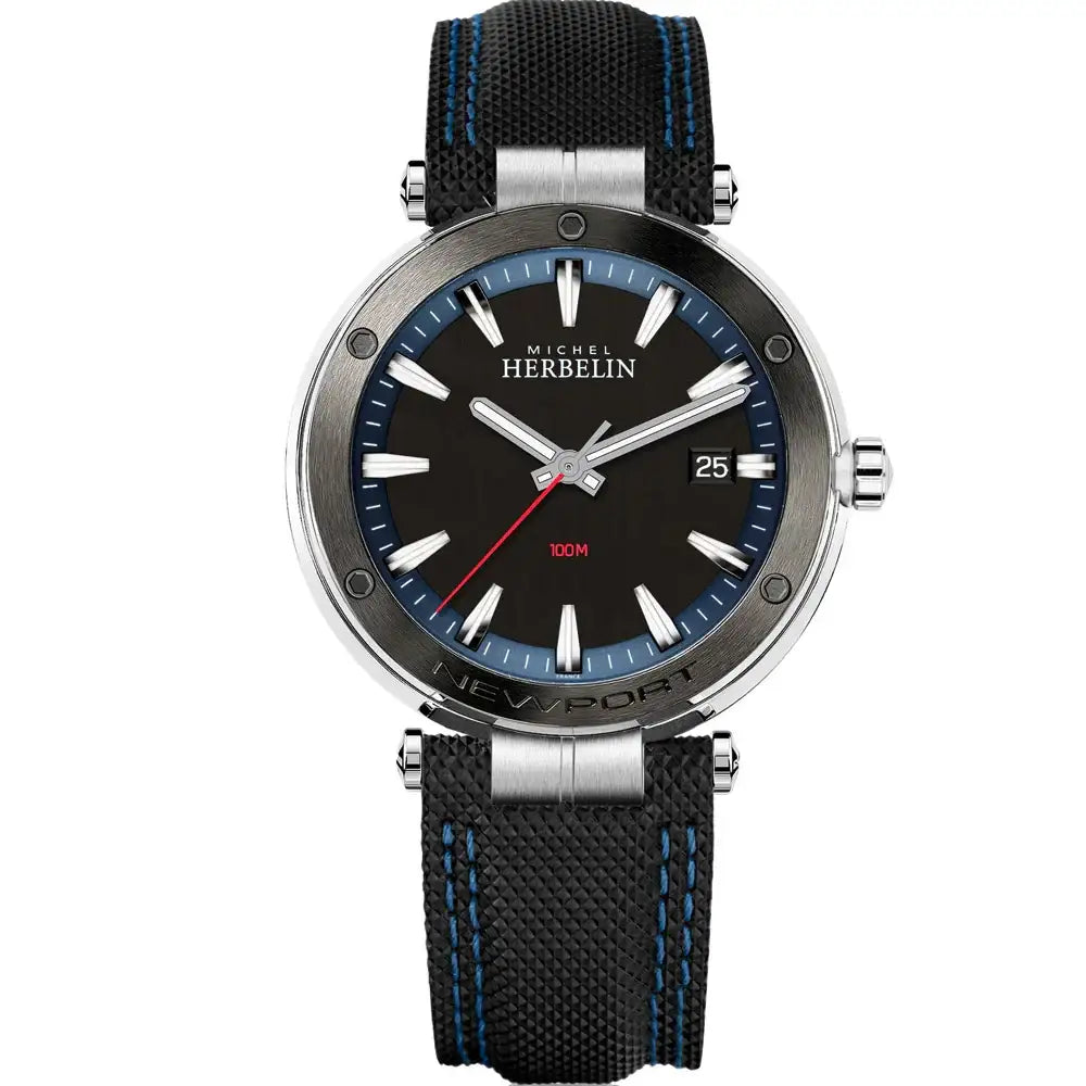 Michel Herbelin Newport 12288/AG45 quartz watch black dial blue accents stainless steel case black leather strap
