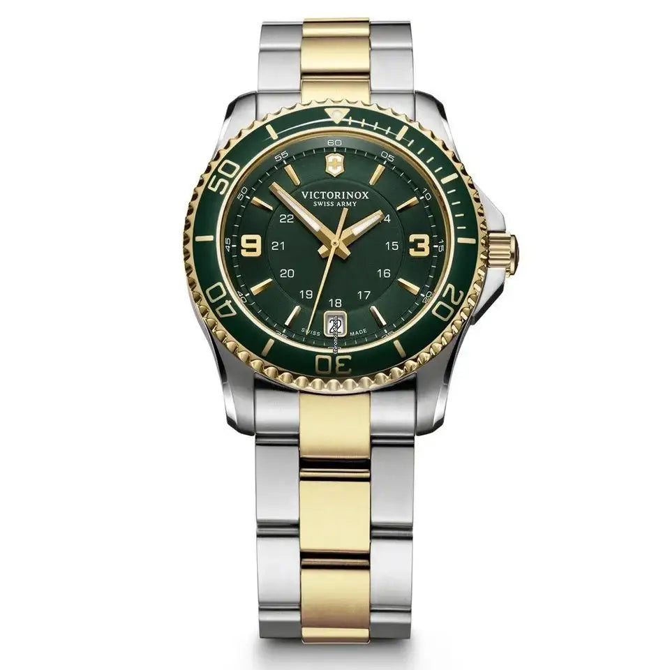 Victorinox Maverick 241612 green dial two-tone stainless steel Swiss quartz watch with rotating bezel