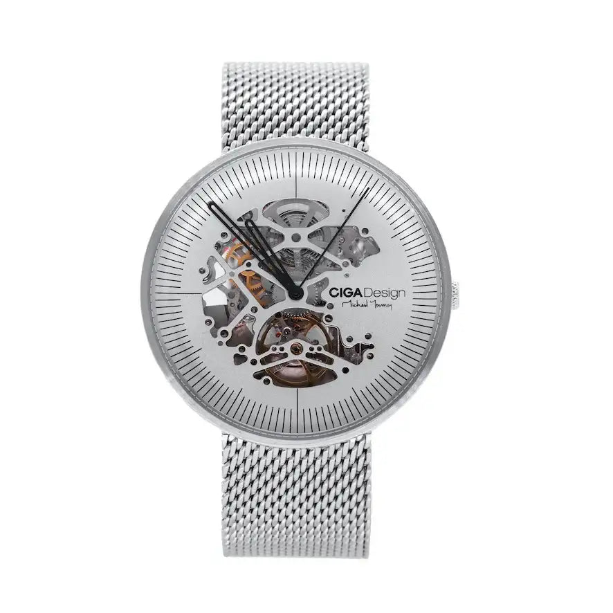 CIGA Design MY Series M021-SISI-W13 automatic skeleton watch with silver dial and stainless steel mesh bracelet on white background