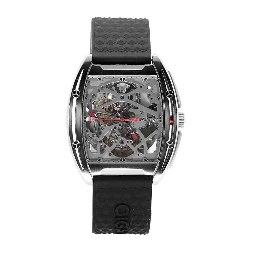 CIGA Design Z Series Edge titanium automatic skeleton watch with black silicone strap showing transparent dial and visible movement