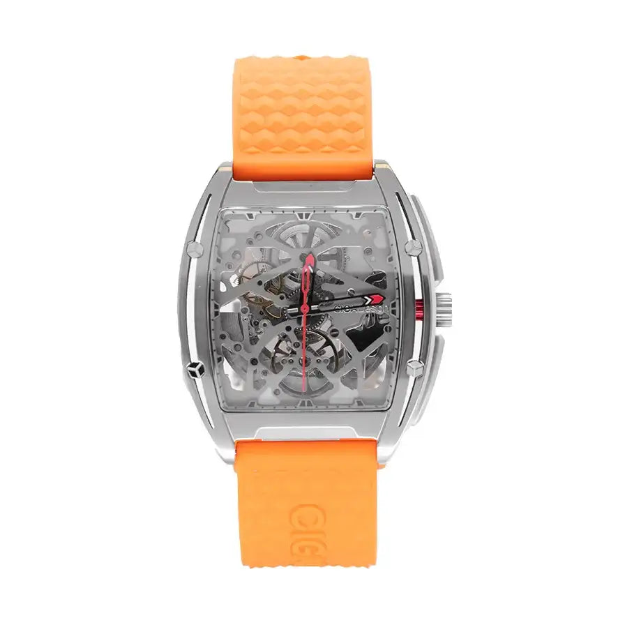 CIGA DESIGN Z Series Titanium automatic skeleton watch with transparent rectangular case, grey skeletonised dial, orange silicone strap and visible mechanical movement