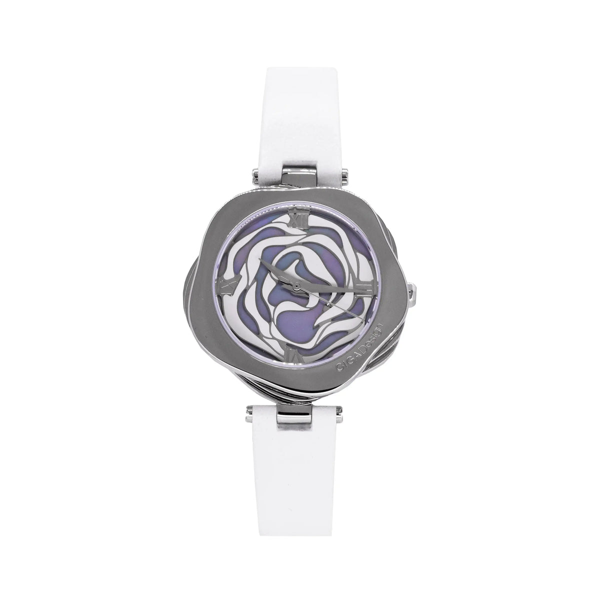CIGA Design R Series R012-SISI-W3 quartz watch with blue mother-of-pearl dial, sculptural rose motif, asymmetrical stainless steel case, and white silicone strap
