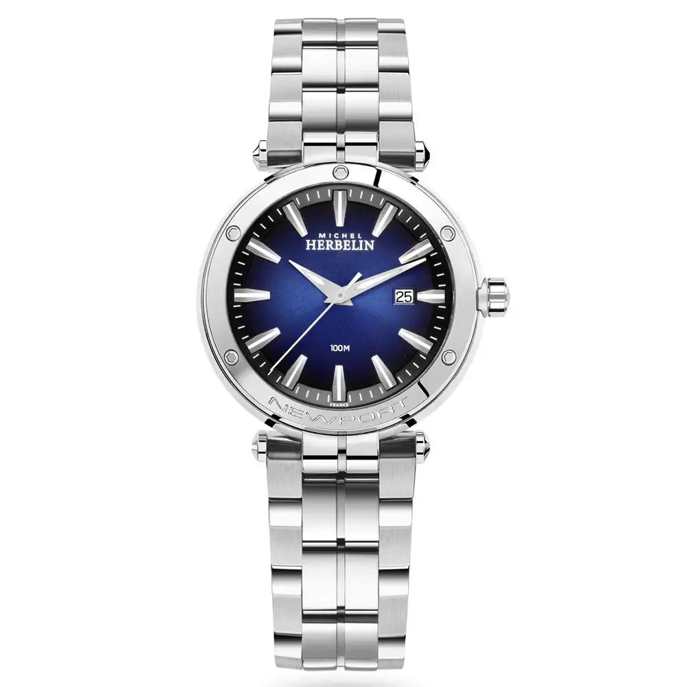 Michel Herbelin Newport 14288/B15 ladies quartz watch with blue sunburst dial and stainless steel bracelet