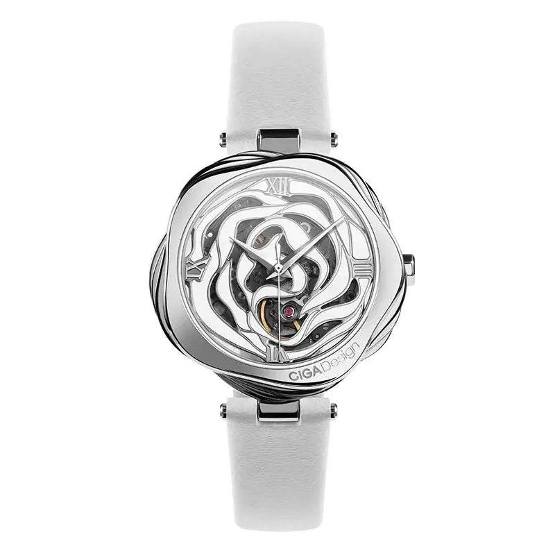 CIGA Design R Series RSEW/SS automatic mechanical skeleton watch with white dial, stainless steel case, and white leather strap for women