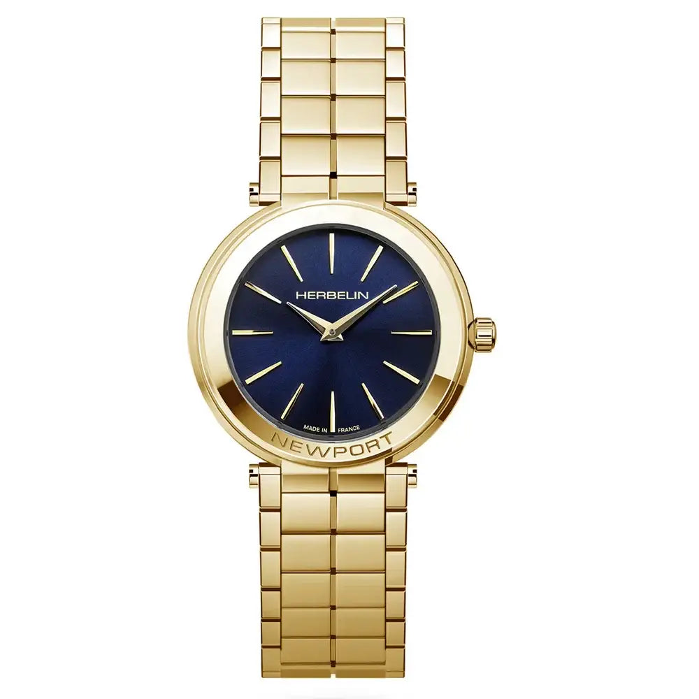 Michel Herbelin Newport Slim 16922/BP15 ladies quartz watch with blue sunray dial and yellow gold PVD stainless steel bracelet, 32mm case