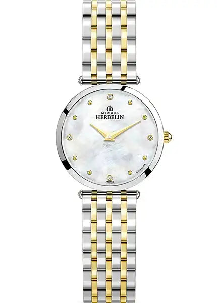 Michel Herbelin Epsilon 17116/BT89 ladies watch with white mother-of-pearl dial, diamond hour markers, and two-tone stainless steel bracelet, 28mm case