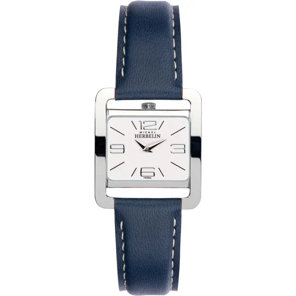 Michel Herbelin 5th Avenue 17137/11BL ladies quartz watch with square stainless steel case, white dial, and blue leather strap with white stitching