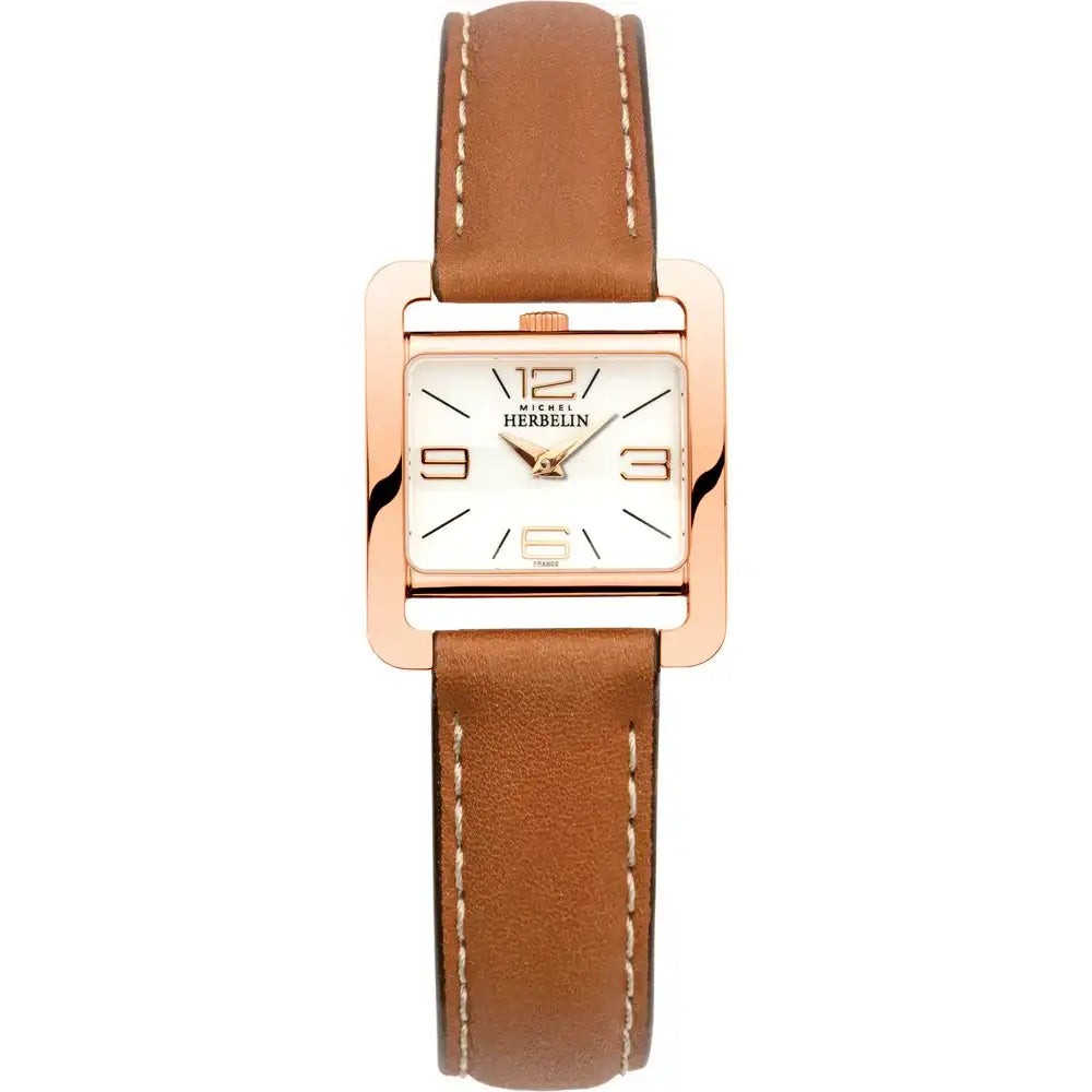 Michel Herbelin Fifth Avenue 17137/PR11GO rose gold PVD square case white dial tan leather strap women's quartz watch