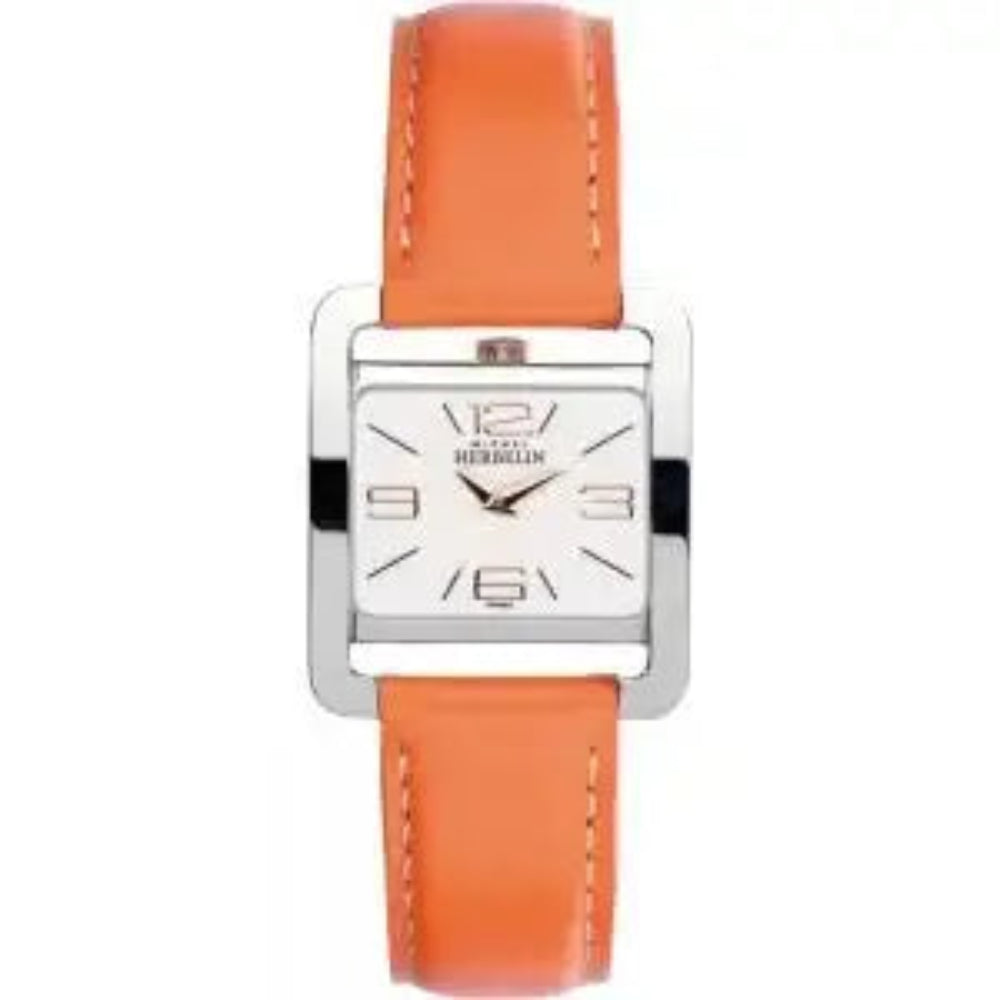 Michel Herbelin 5th Avenue 17137/TR11OR ladies quartz watch with square stainless steel case, white dial, rose gold numerals, and orange leather strap