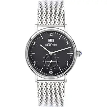 Michel Herbelin Inspiration 1947 18247/14B black dial quartz watch with big date complication and stainless steel Milanese mesh bracelet