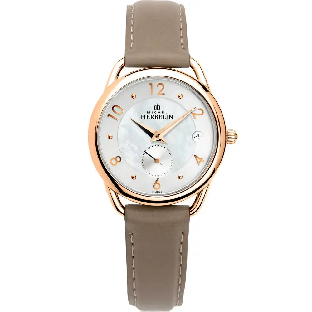 Michel Herbelin Équinoxe 18397/PR29GR women's watch with 34mm rose gold case, mother-of-pearl dial, date display, and taupe grey leather strap