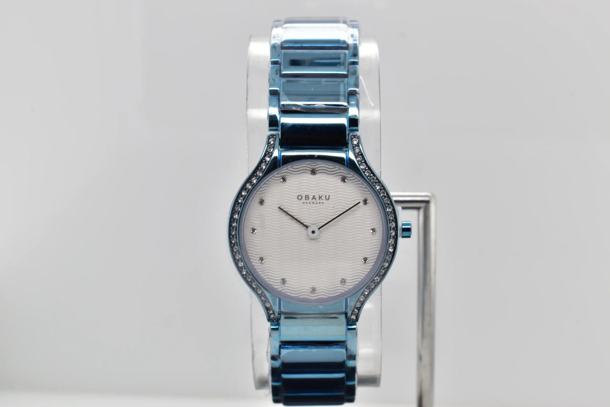 Obaku V276LERIMA ladies quartz watch blue stainless steel case bracelet silver guilloché dial crystal-set bezel front view