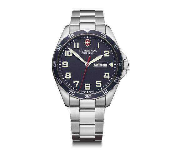 Victorinox Fieldforce 241851 Swiss quartz watch with blue dial, stainless steel case and bracelet, day-date display