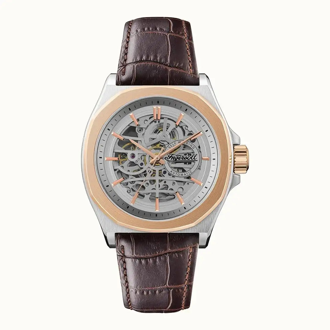 Ingersoll The Orville I09301B automatic skeleton dial watch with two-tone rose gold and stainless steel case and brown leather strap
