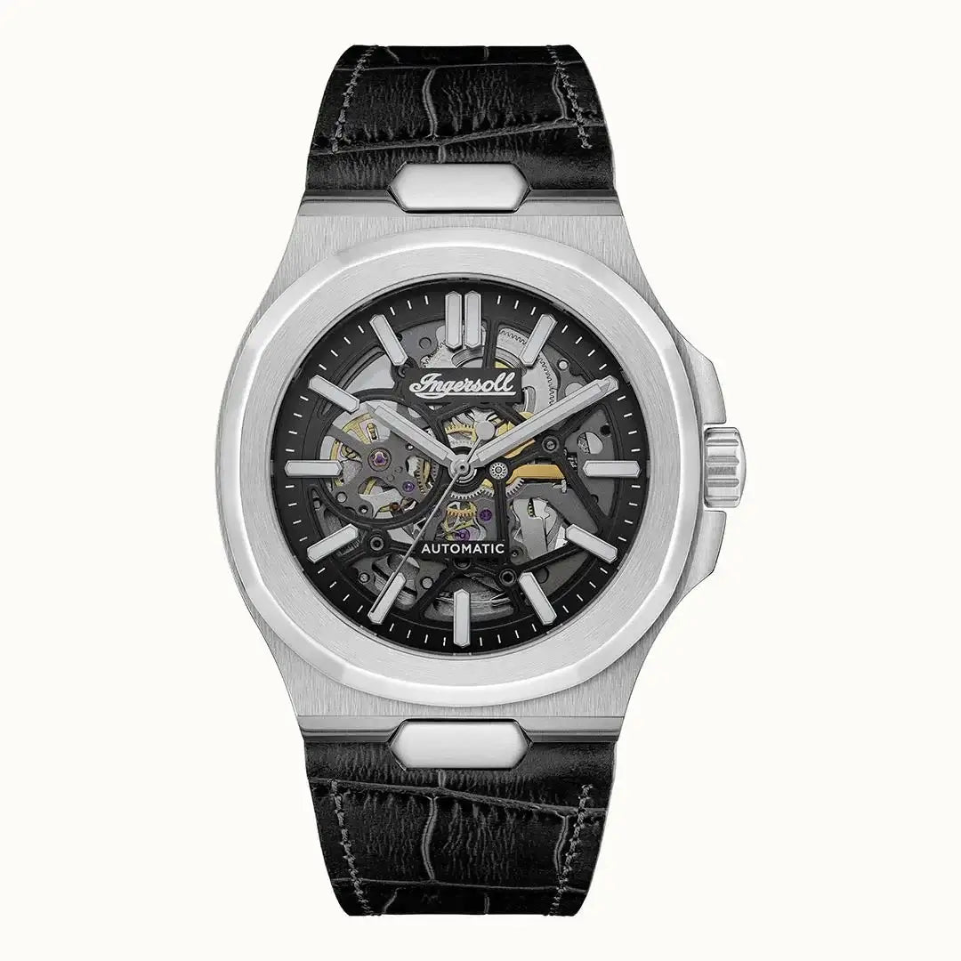 Ingersoll Catalina I12502 automatic skeleton dial watch with stainless steel case and black leather strap