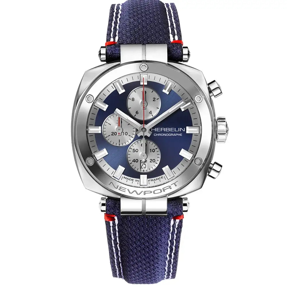 Michel Herbelin Newport Héritage Quartz Chronograph 42mm Blue Dial Stainless Steel Watch on Navy Cordura Strap Reference 35664AP25X