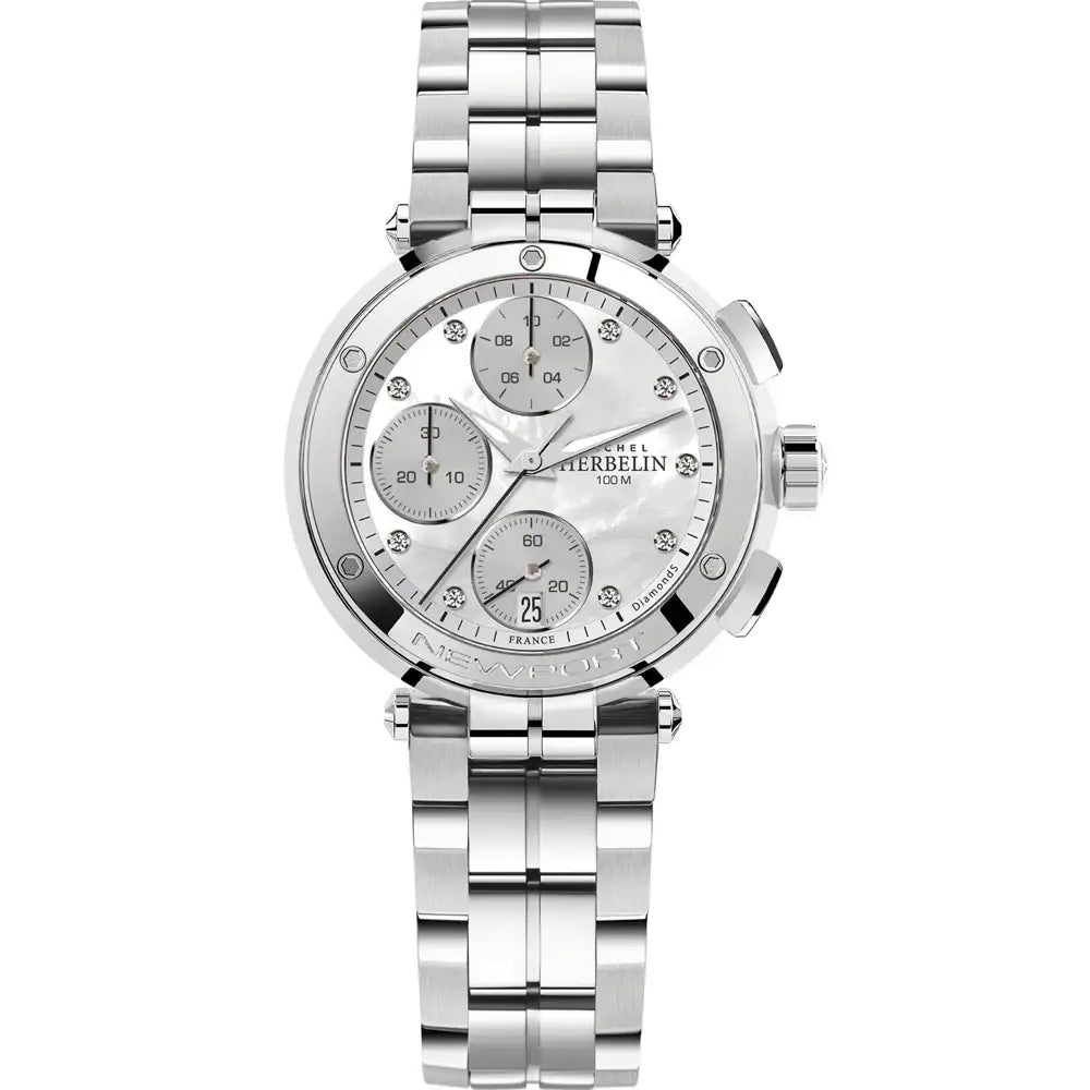 Michel Herbelin Newport 35688/B89 ladies quartz chronograph watch with mother-of-pearl diamond dial and stainless steel bracelet