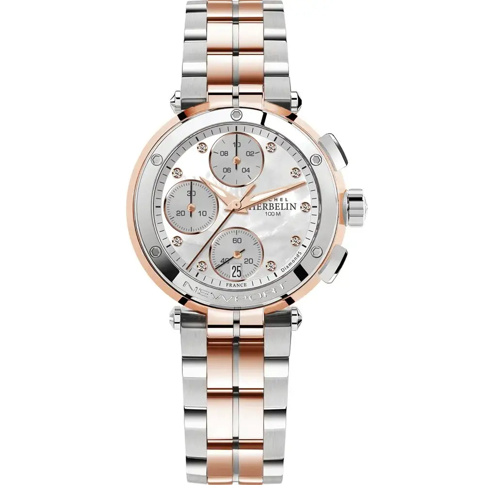 Michel Herbelin Newport 35688/BTR89 ladies chronograph watch with mother-of-pearl dial, diamond markers, and two-tone rose gold stainless steel bracelet