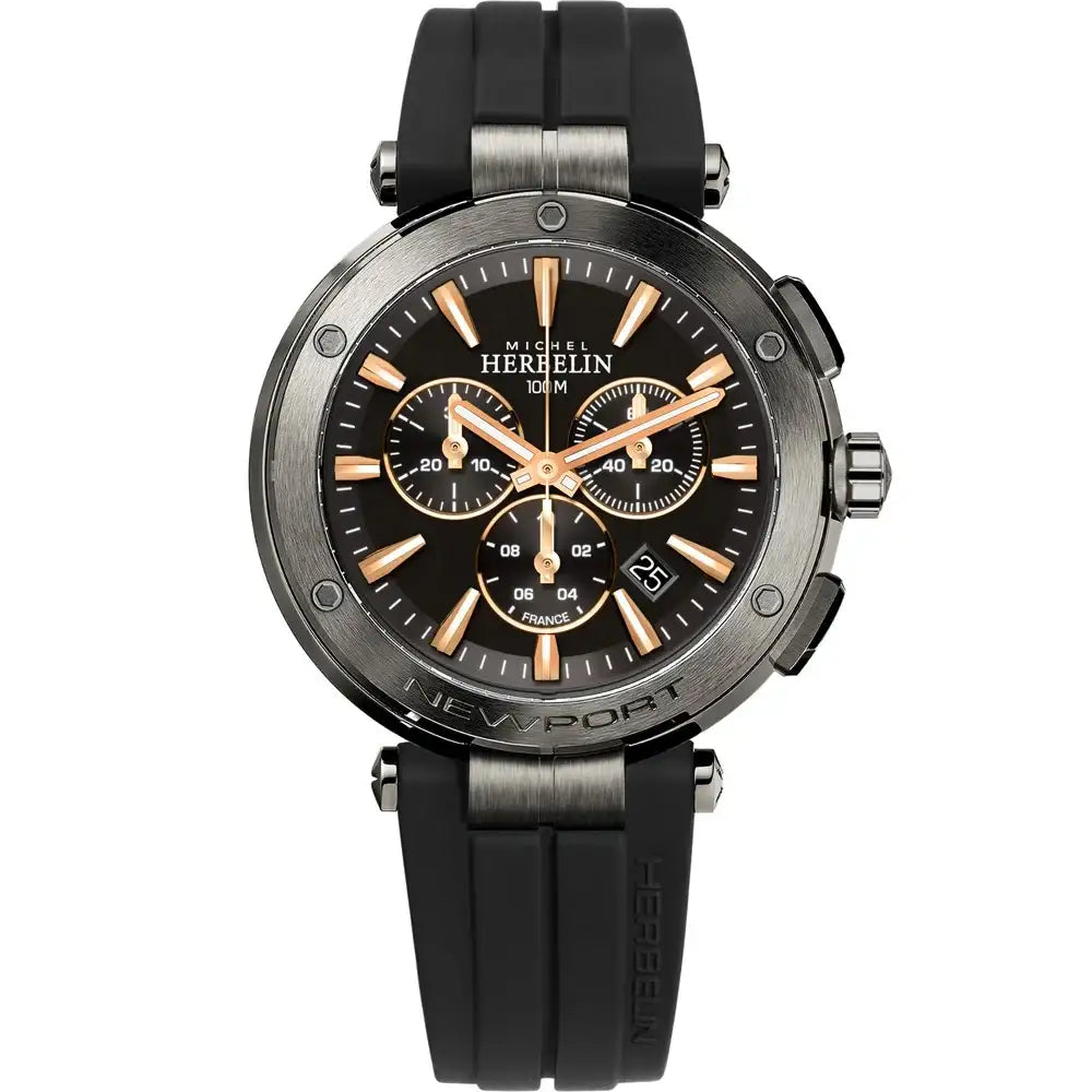 Michel Herbelin Newport Chronograph 37688/G33TCA black dial quartz watch with rose gold indices and black rubber strap on white background
