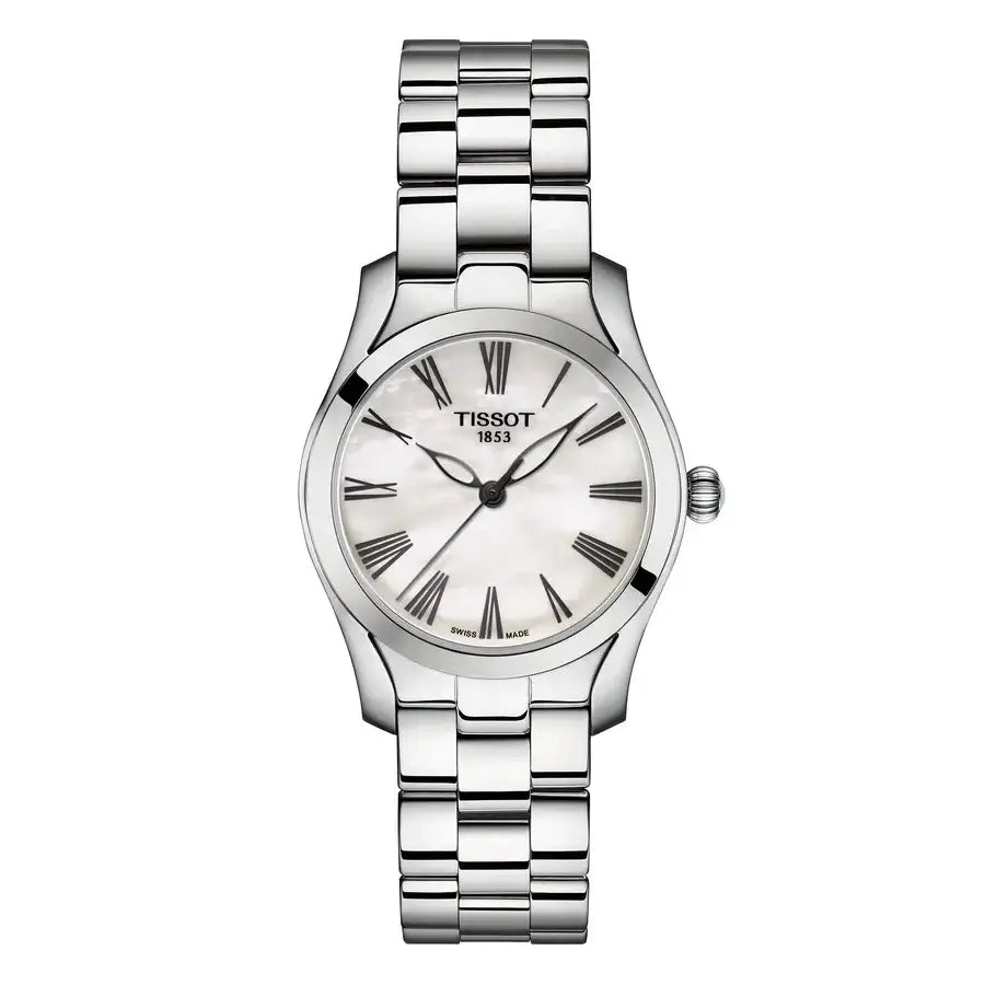 Tissot T-Wave T112.210.11.113.00 ladies watch with mother-of-pearl dial, Roman numerals, and stainless steel bracelet on white background