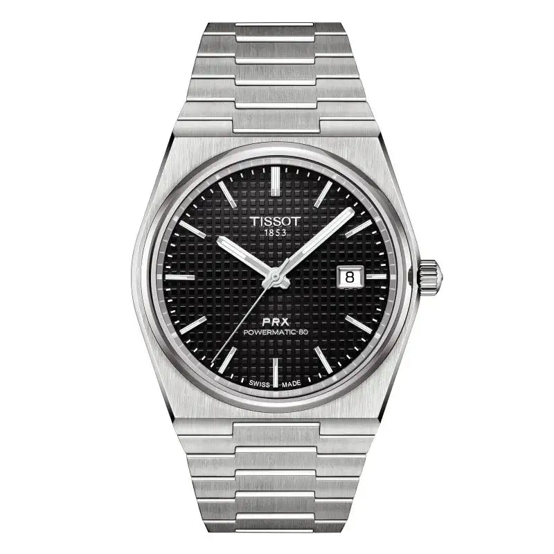 Tissot PRX Powermatic 80 automatic watch with black waffle dial and steel bracelet