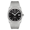 A Tissot PRX Automatic Powermatic watch with a black dial, silver indexes, and a stainless steel casing and bracelet.