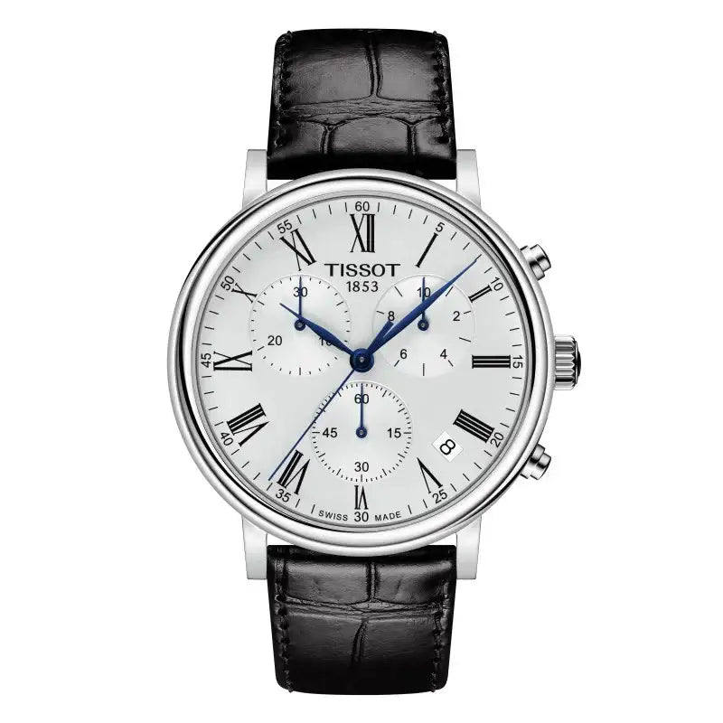 Tissot Carson Premium Chronograph T1224171603300 41mm stainless steel watch with silver sunray dial, black Roman numerals, blue hands, and black alligator-embossed leather strap