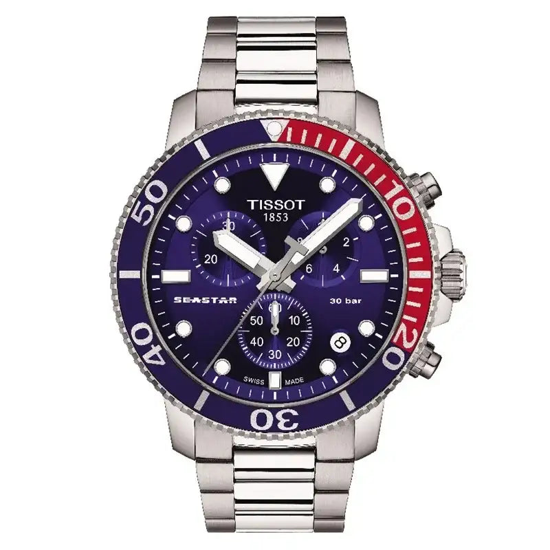 Tissot Seastar 1000 chronograph front view showing blue dial and three sub-dials