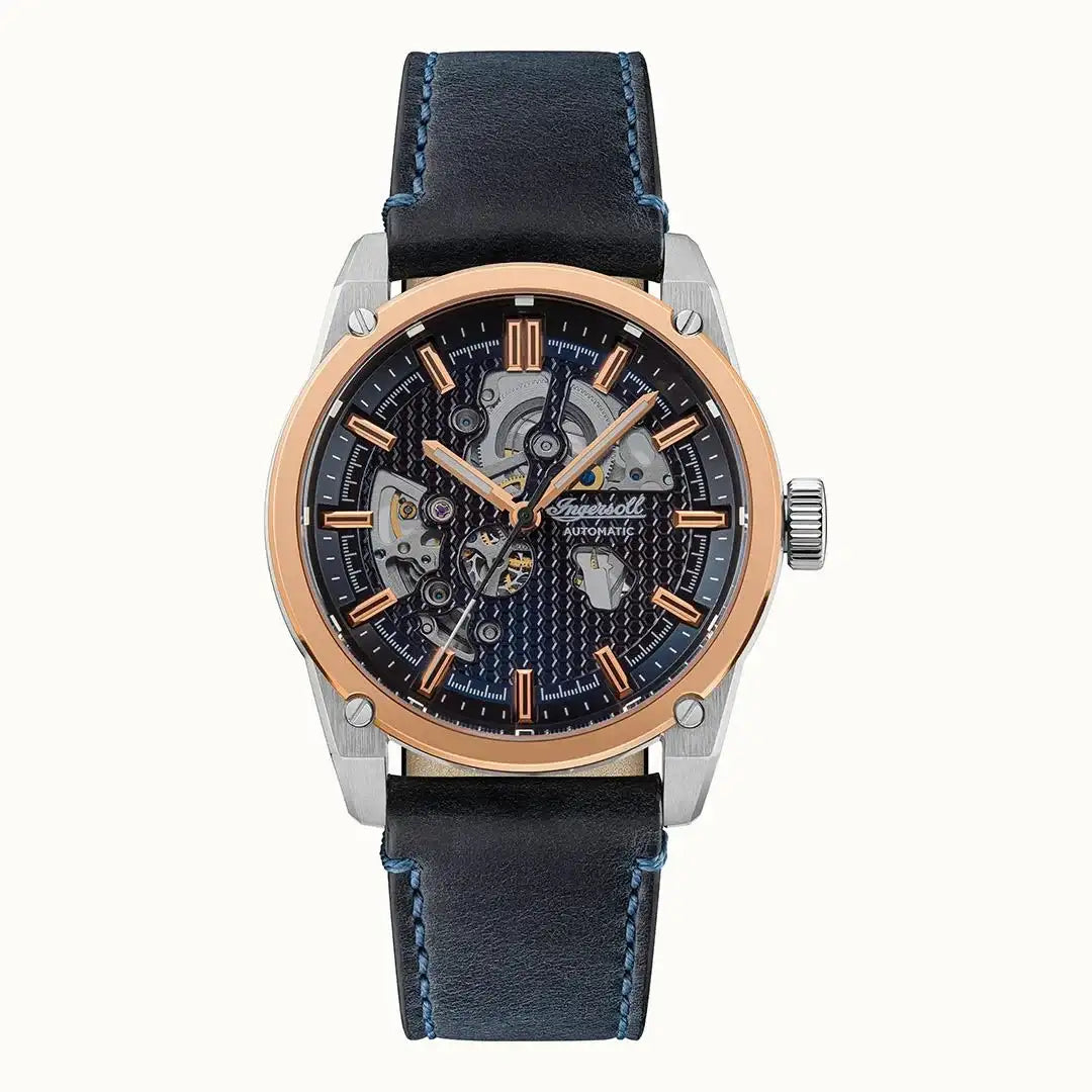 Ingersoll Carroll I11602 automatic watch with semi-skeleton dial, two-tone rose gold and stainless steel case, black leather strap with blue stitching