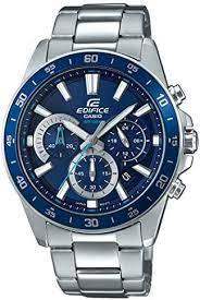 Casio Edifice EFV-570D-2AVUEF quartz chronograph watch with blue dial, blue rotating bezel, and stainless steel bracelet