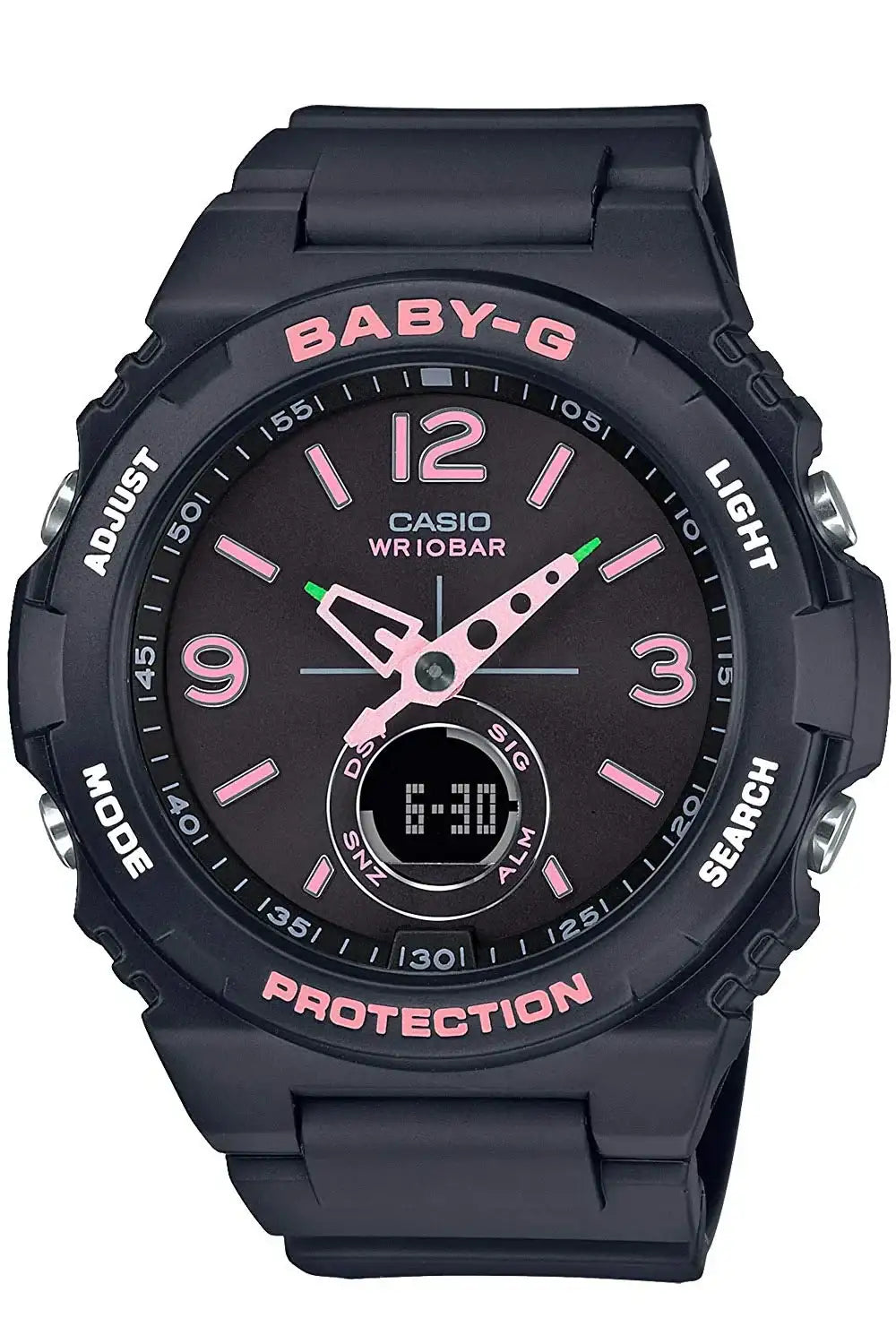 Casio Baby-G BGA-260SC-1A black resin quartz ana-digi ladies sports watch with pink accents and shock resistance