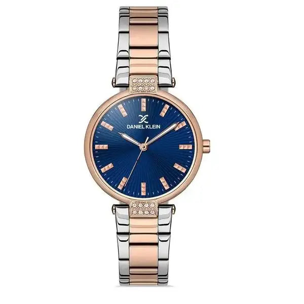 Daniel Klein Premium Ladies Quartz Watch Blue Sunray Dial Two-Tone Rose Gold Silver Stainless Steel Bracelet Crystal Accents DK112921-5