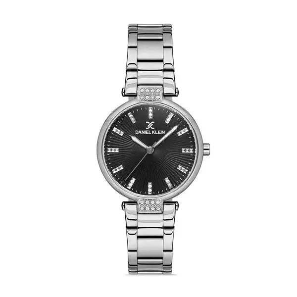 Daniel Klein Premium DK112921-4 ladies quartz watch with black sunray dial, crystal hour markers, and polished stainless steel bracelet with crystal-set lug accents