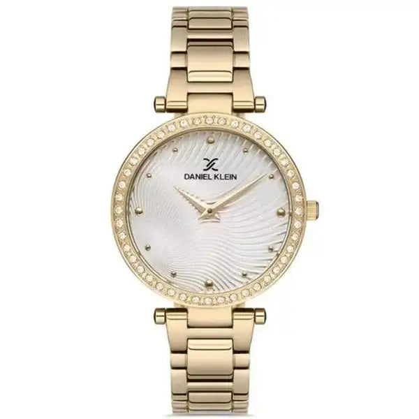 Daniel Klein DK.1.12788-2 women's quartz watch with crystal-set bezel, silver guilloché dial and gold-tone stainless steel bracelet