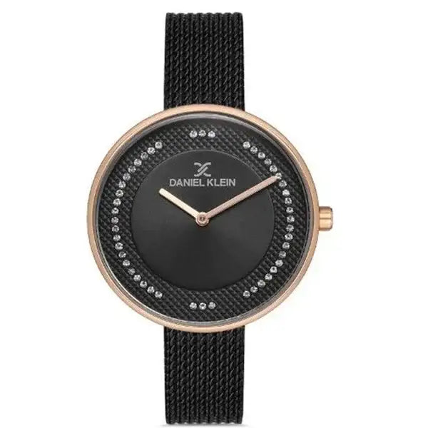 Daniel Klein DK.1.12773-6 ladies quartz watch black dial rose gold case crystal embellishments black mesh bracelet