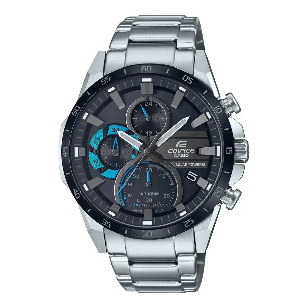 Casio Edifice EQS-940DB-1A solar powered chronograph watch with black dial blue accents and stainless steel bracelet
