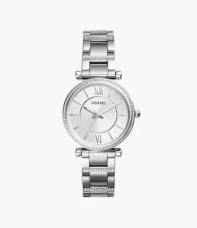 Fossil Carlie ES4341 quartz ladies watch with silver sunray dial, crystal-set bezel, and stainless steel bracelet with pavé crystal embellishments