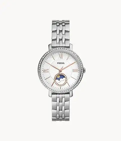 Fossil Jacqueline ES5164 moonphase quartz watch with white mother-of-pearl dial, crystal-set bezel, and stainless steel bracelet on white background