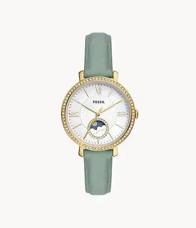 Fossil Jacqueline ES5168 ladies watch with white mother-of-pearl dial, moonphase complication, gold-tone case with crystal bezel, and green eco-leather strap