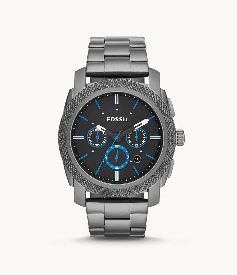 Fossil Machine Chronograph FS4931 smoke stainless steel watch with black dial and blue accents on metal bracelet