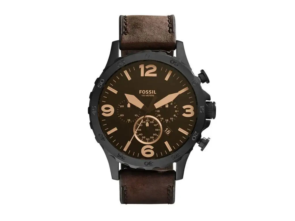 Fossil Nate JR1487 chronograph watch with 50mm black IP steel case, brown dial with rose gold indices, and brown leather strap
