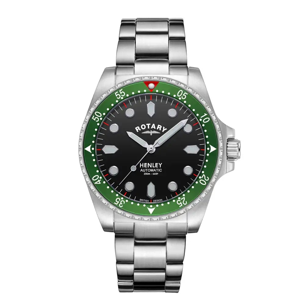 Rotary Henley Automatic dive watch GB05136/71 with black dial, green rotating bezel, and stainless steel bracelet