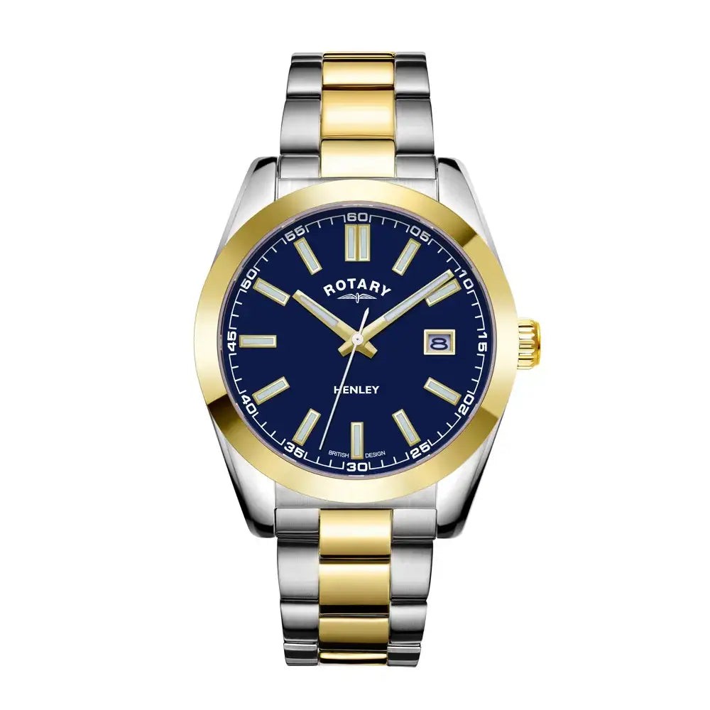 Rotary Henley GB05181/05 quartz watch with blue dial, two-tone stainless steel and gold PVD bracelet, 40mm case, sapphire crystal