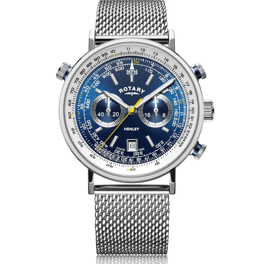 Rotary Henley GB05235/05 chronograph watch with blue sunray dial, stainless steel mesh bracelet, and 42mm case